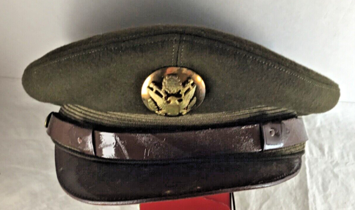 VTG 1948 U.S Army Enlisted Visor Hat Crusher Cap w/Badge 6  3/4 and Rain Gaurd