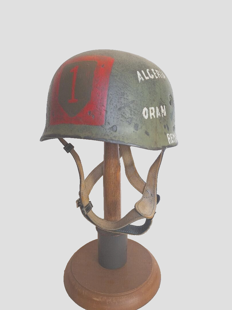 WWII M38 German Fallschirmjager Helmet w/ Souvenir 1st Inf. Div. emblem &battles