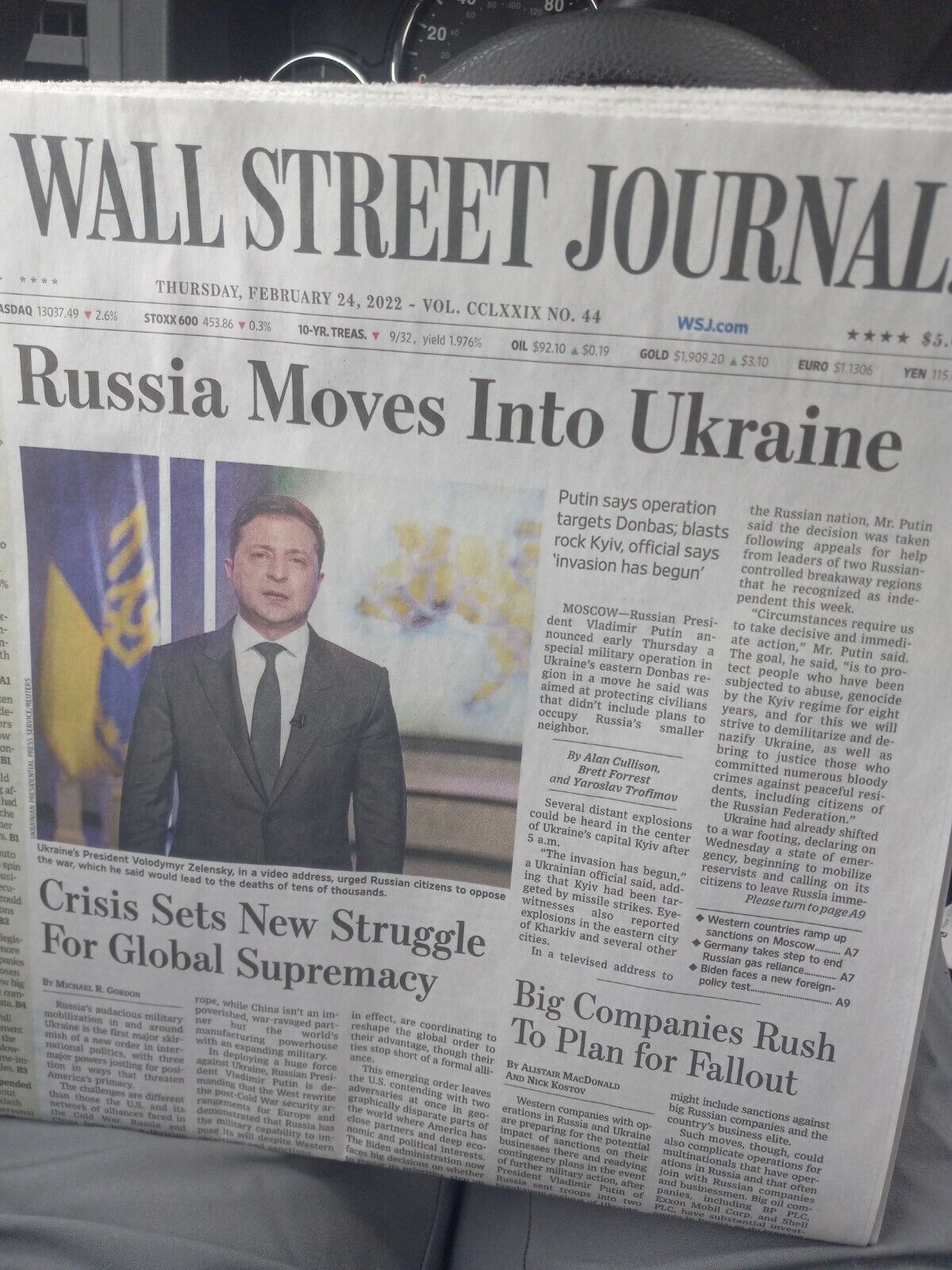 The Wallstreet Journal Thursday  February  24 2022.  Russia Moves Into Ukraine