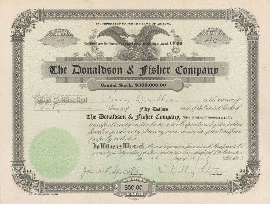 Donaldson and Fisher Co. - 1921 Stock Certificate - General Stocks