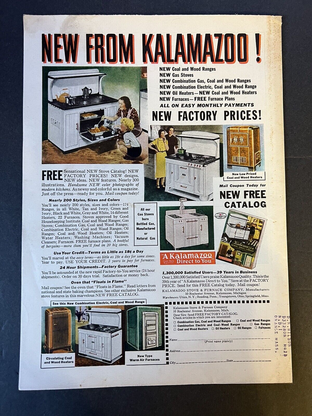 Vtg 1938 Kalamazoo Direct to you Appliance Ad with Mail in Offer