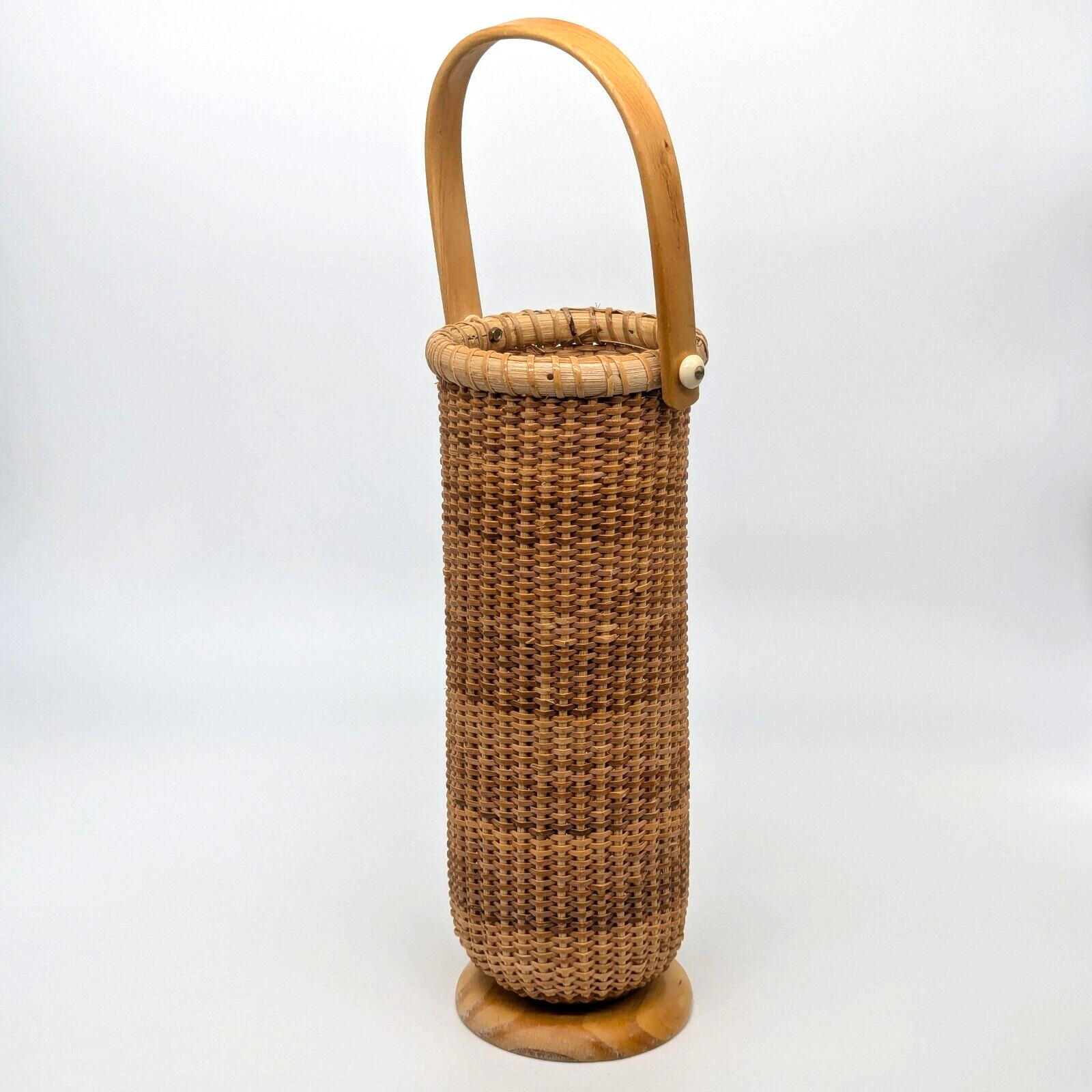 Nantucket Style Wine Basket Woven Rattan Wood Base & Handle Bottle Caddy Holder