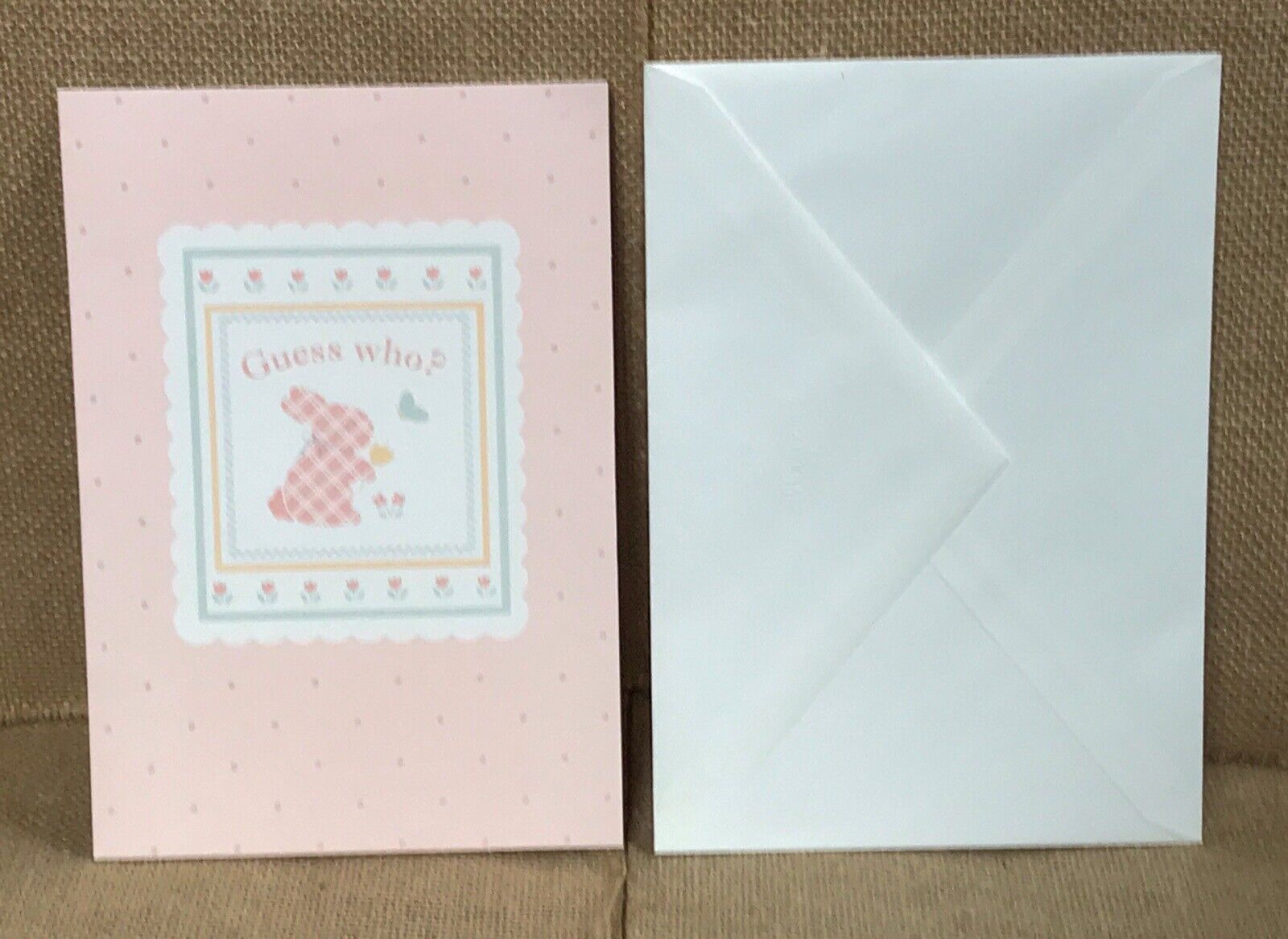 Vintage Hallmark Picture Holder Greeting Card Pink Plaid Bunny Floral Polka Dots