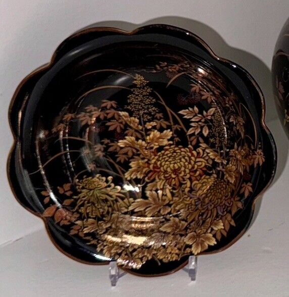 Vintage Shibata Japan Black Porcelain Floral Dragonfly Bowl w/ Scallop Design