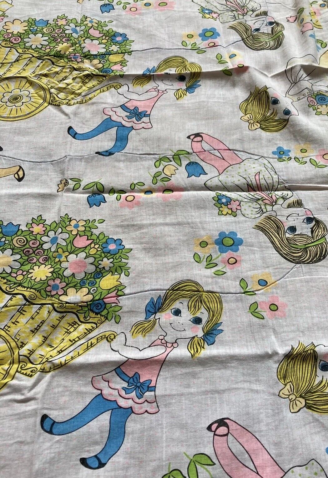 Vintage 60’s 70’s Sleeping Bag Fabric, Girls And Flowers, Big Eyes, 60” Long.
