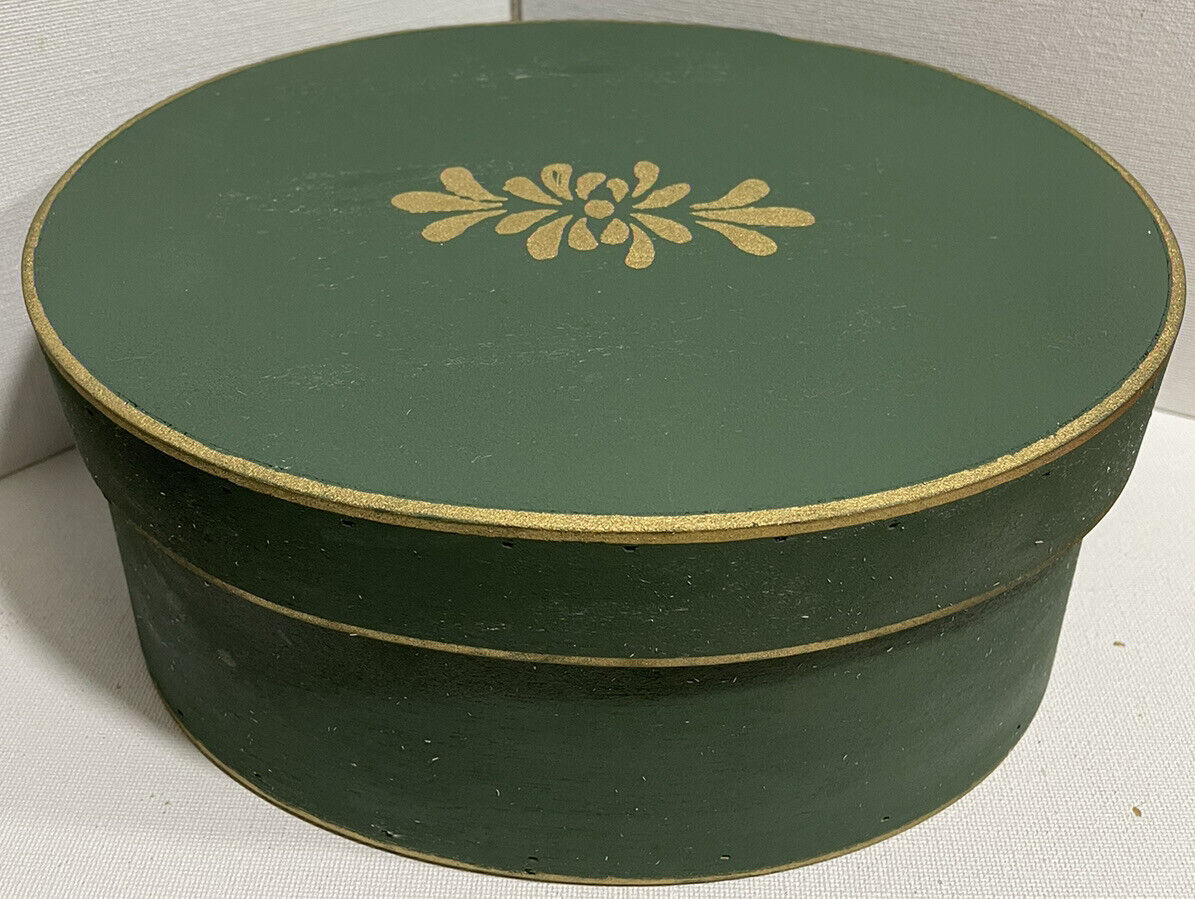 VTG Oval Wooden Pantry Box Bentwood Repainted Green Gold Stencil Holiday 1.5 Lb