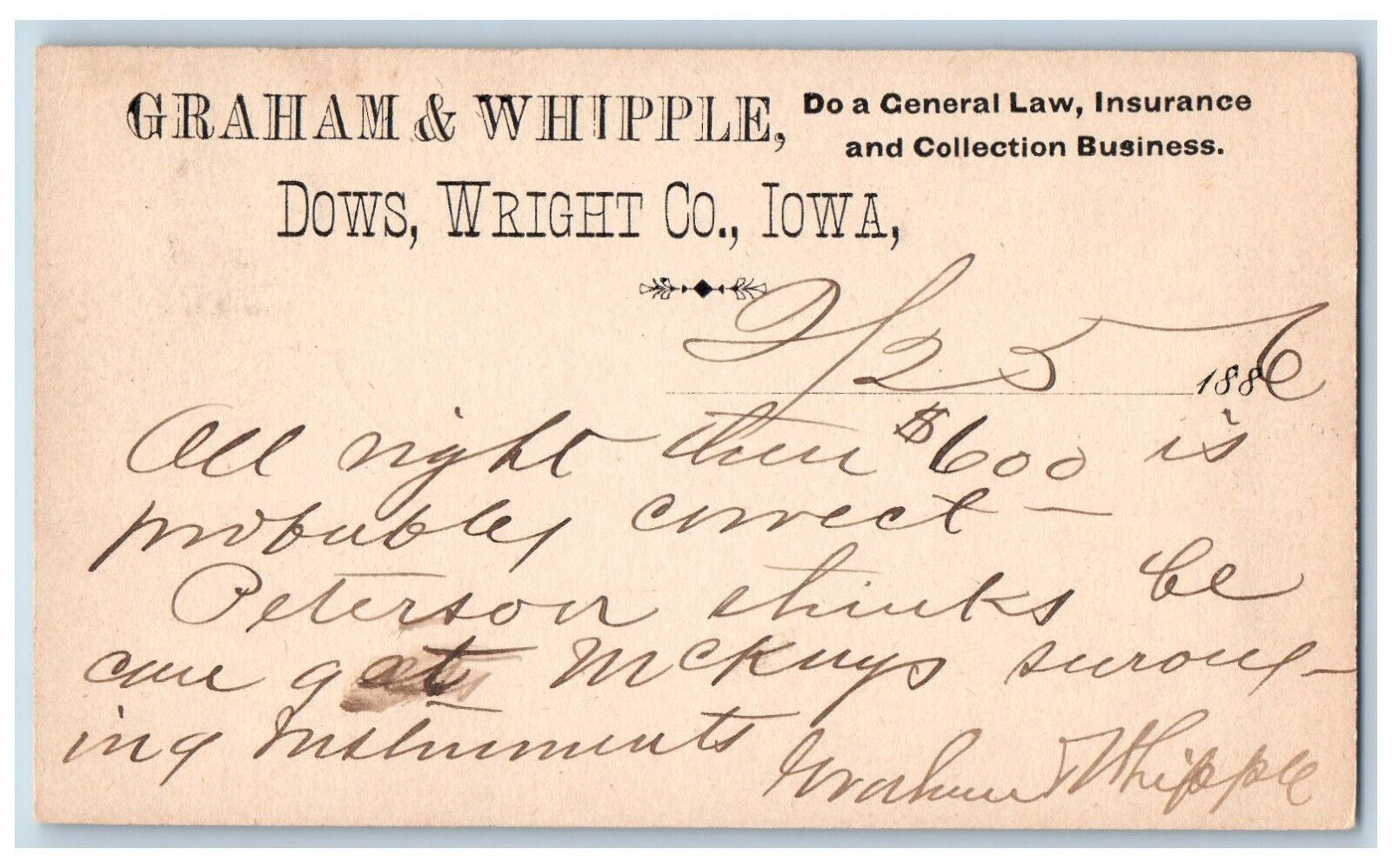 Dows Wright Co Iowa IA Iowa Falls IA Postal Graham & Whipple 1886 Posted Antique