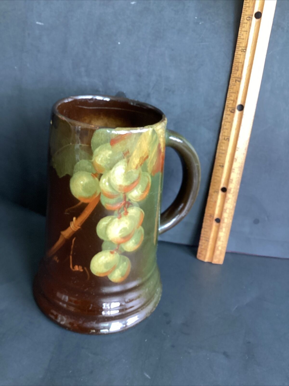 Vintage Antique Weller Louwelsa Mug Signed Lou , 6-1/2” Tall Grapes & Vine