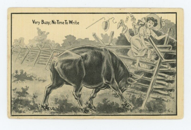 Postcard Very Busy: No Time to Write Bull Rushing Couple 1911  Vintage