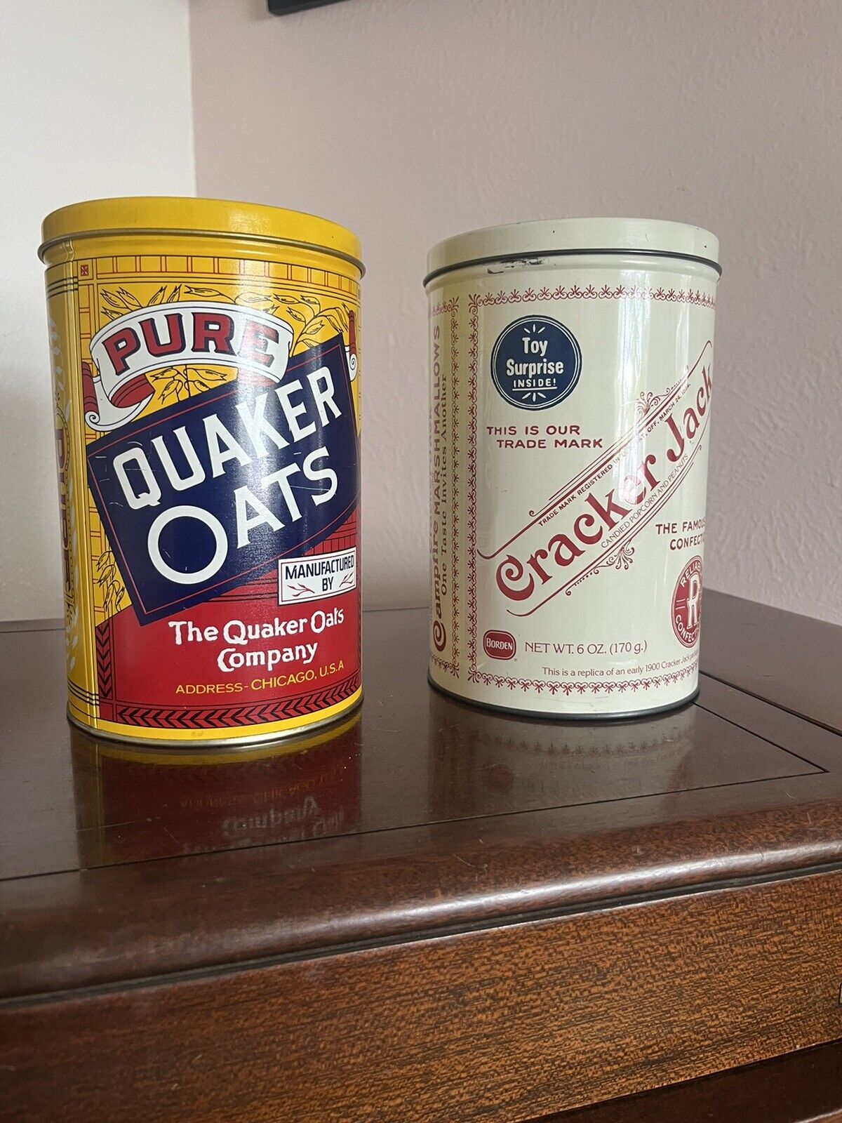 Two Vintage style Tins Quaker Oats Cracker Jack