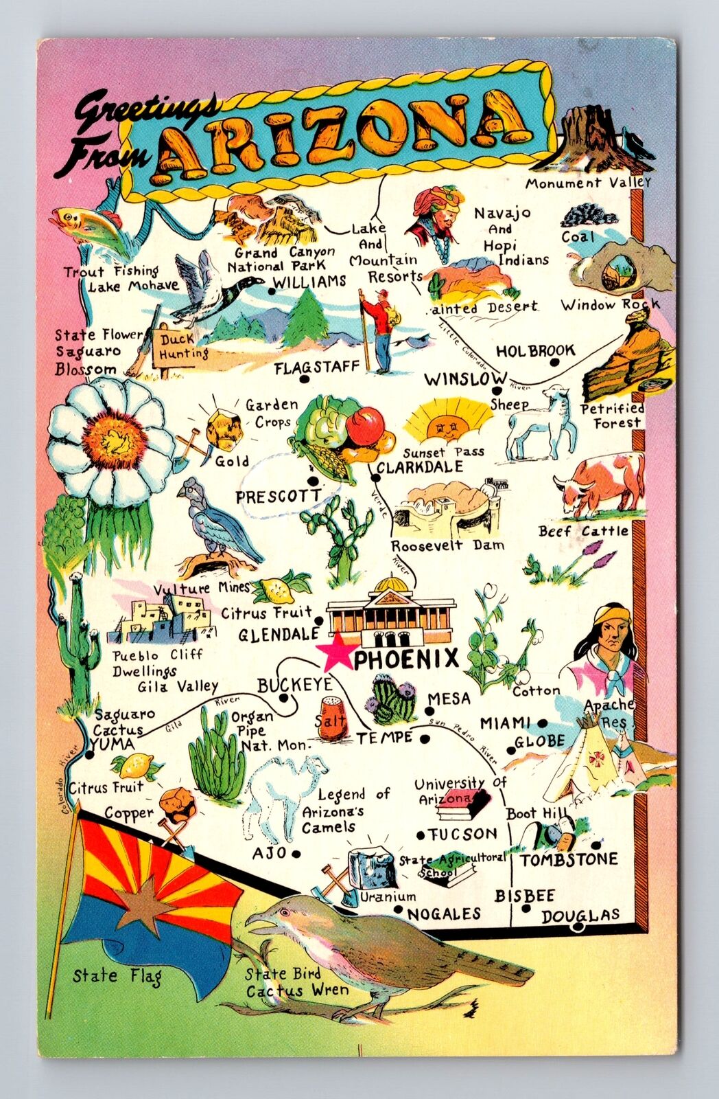 AZ-Arizona, General Map Greetings, Landmarks, Antique, Vintage Souvenir Postcard