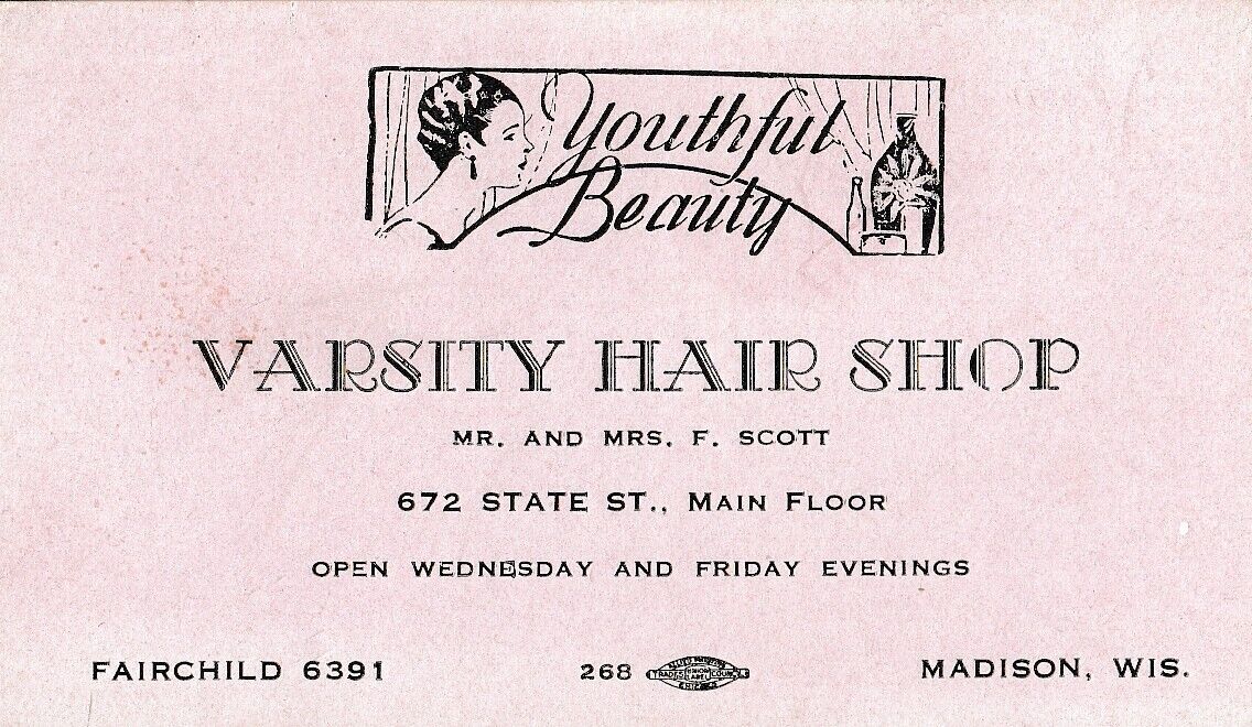 VARSITY HAIR SHOP-MADISON WISCONSIN-672 STATE STREET-BUSINESS CARD-C.1930\'S