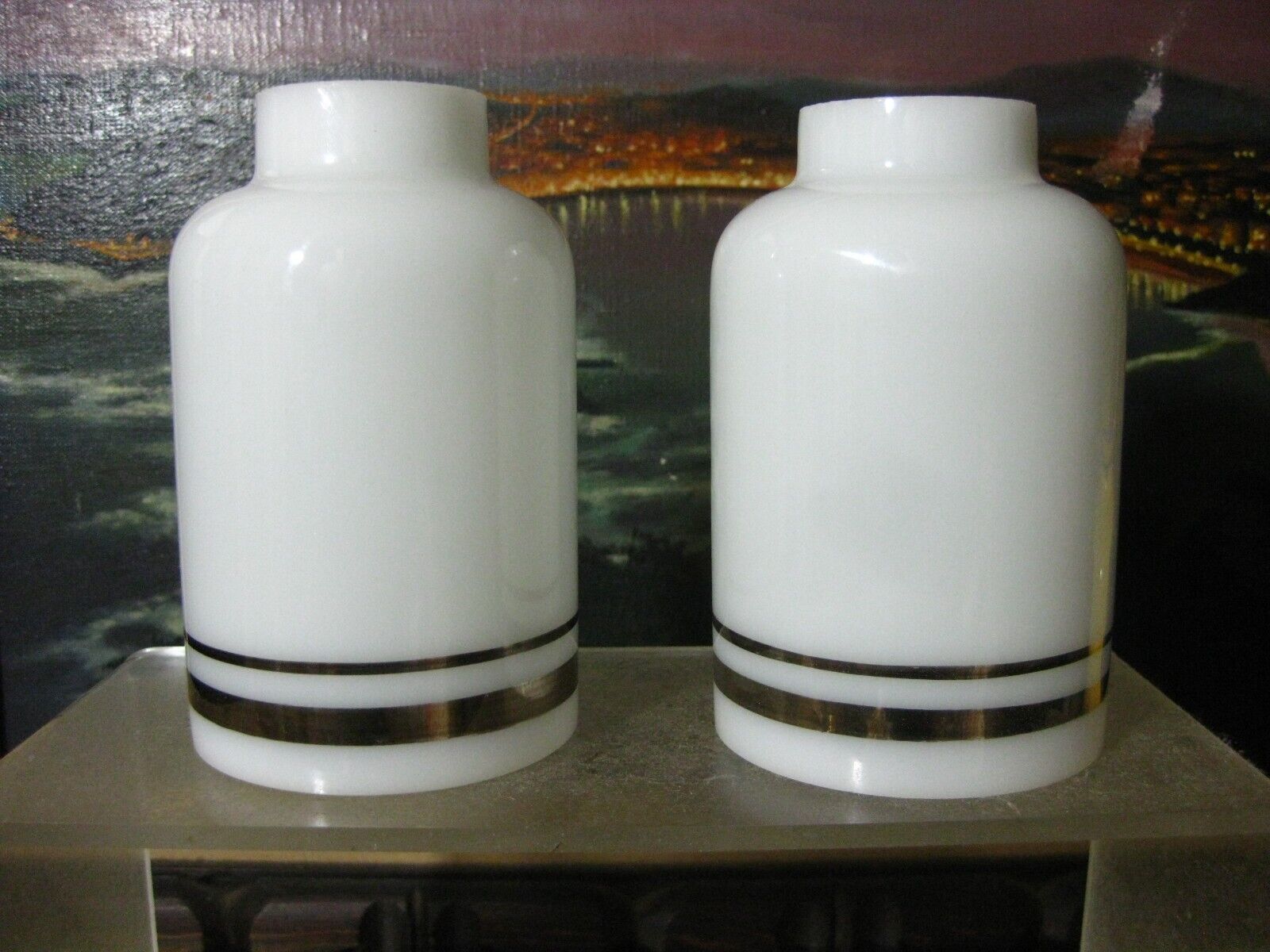 A pair Victorian Opalescent milk glass style lamp shades w/ Silver trim 4.75\