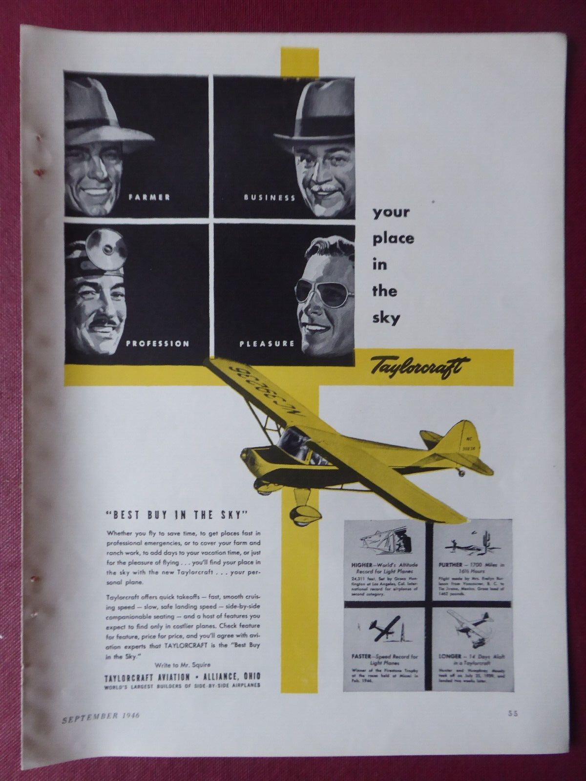 9/1946 PUB TAYLORCRAFT AVIATION AIRPLANE AIRCRAFT ORIGINAL AD