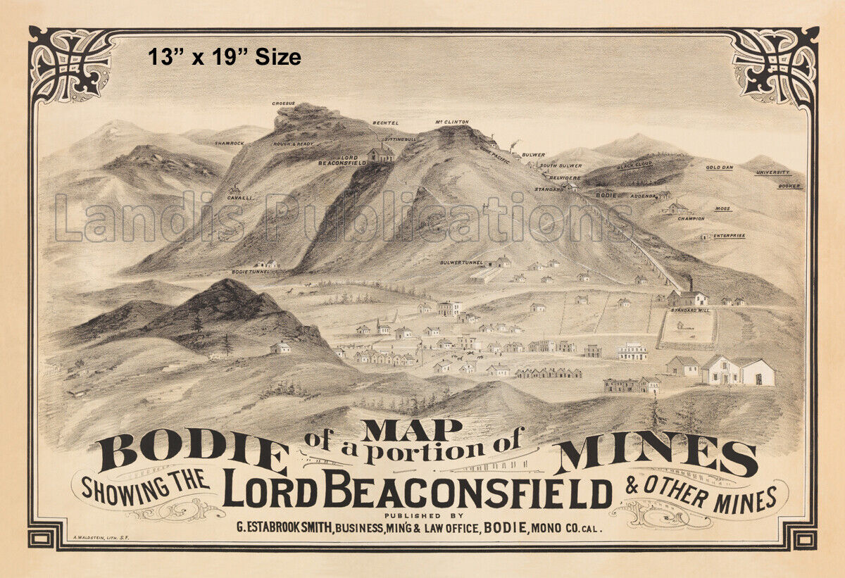Bodie California Mining Map Litho Circa 1878 Vintage Poster