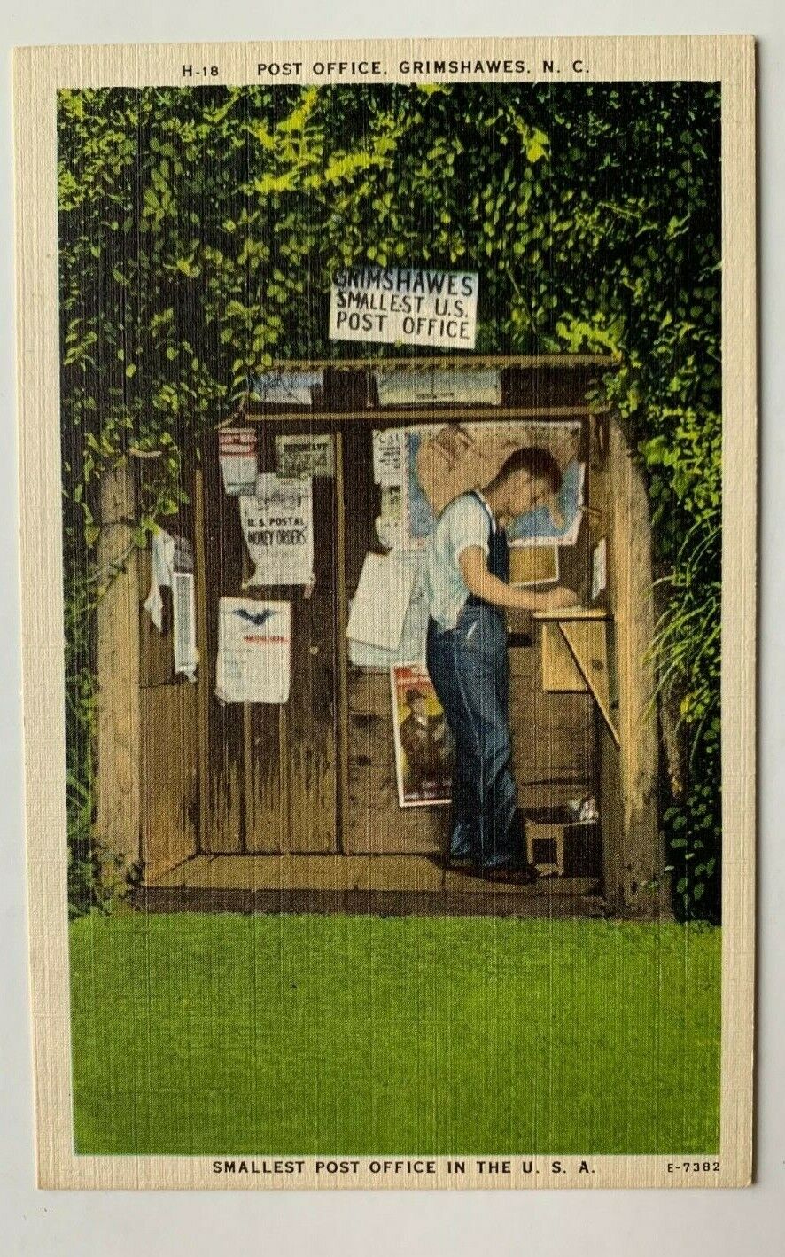Vintage NC Postcard Grimshawes North Carolina Smallest Post Office in USA linen