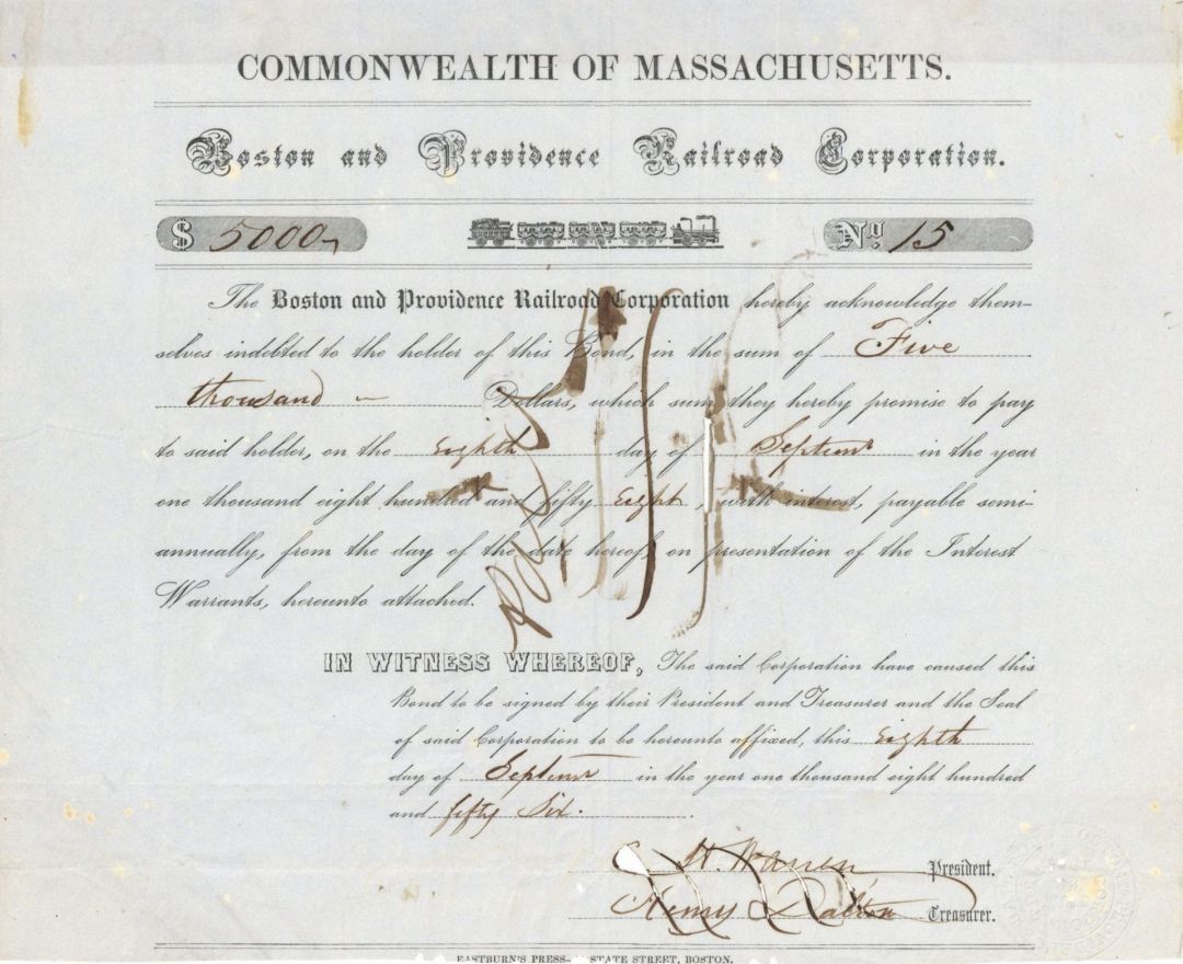 Boston and Providence Railroad Corp. - 1856 $5,000 Railroad Bond - Railroad Bond