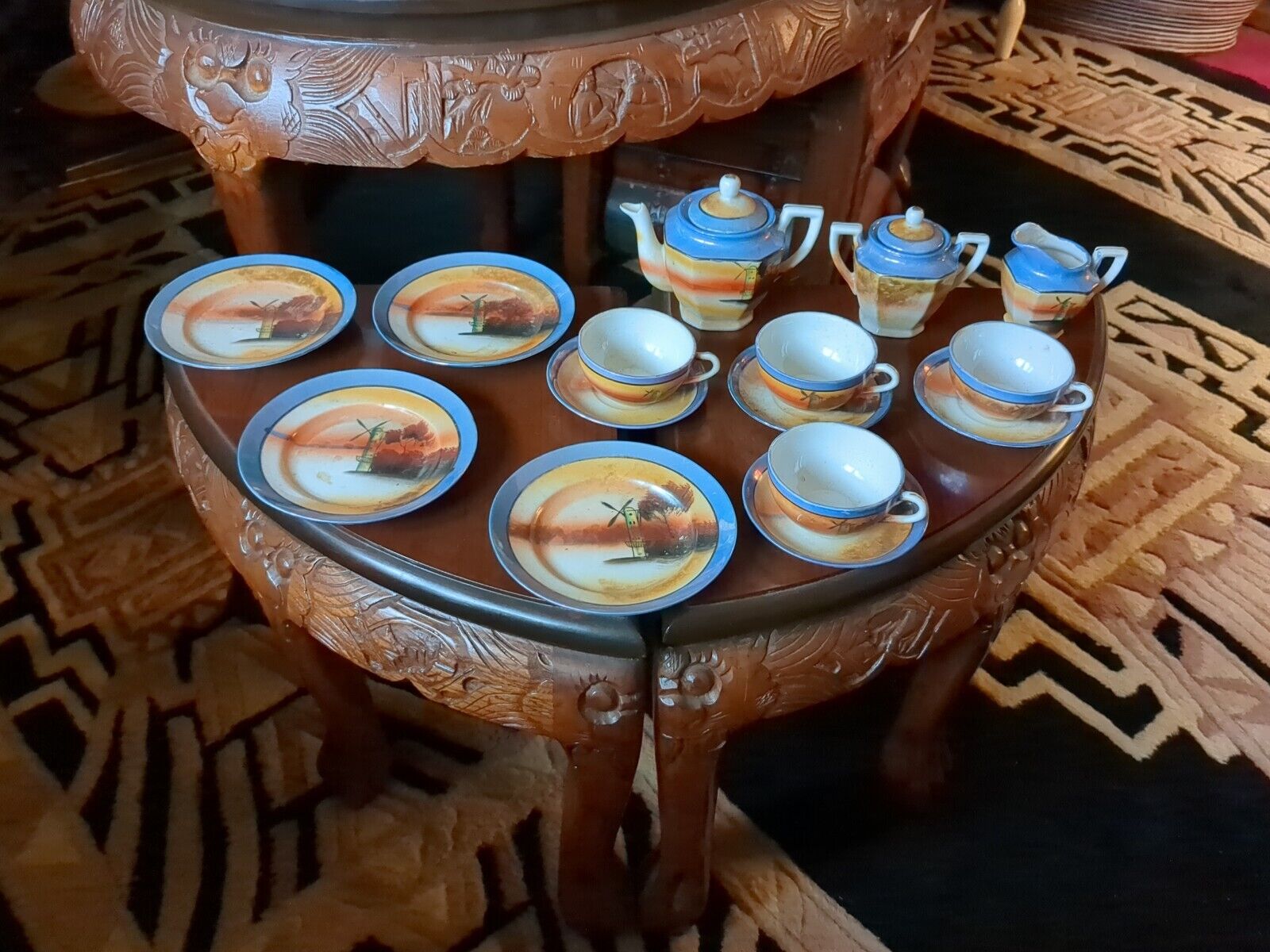 Japanese Chikaramachi Vintage Painted 19 Piece Tea Set - Great Condit