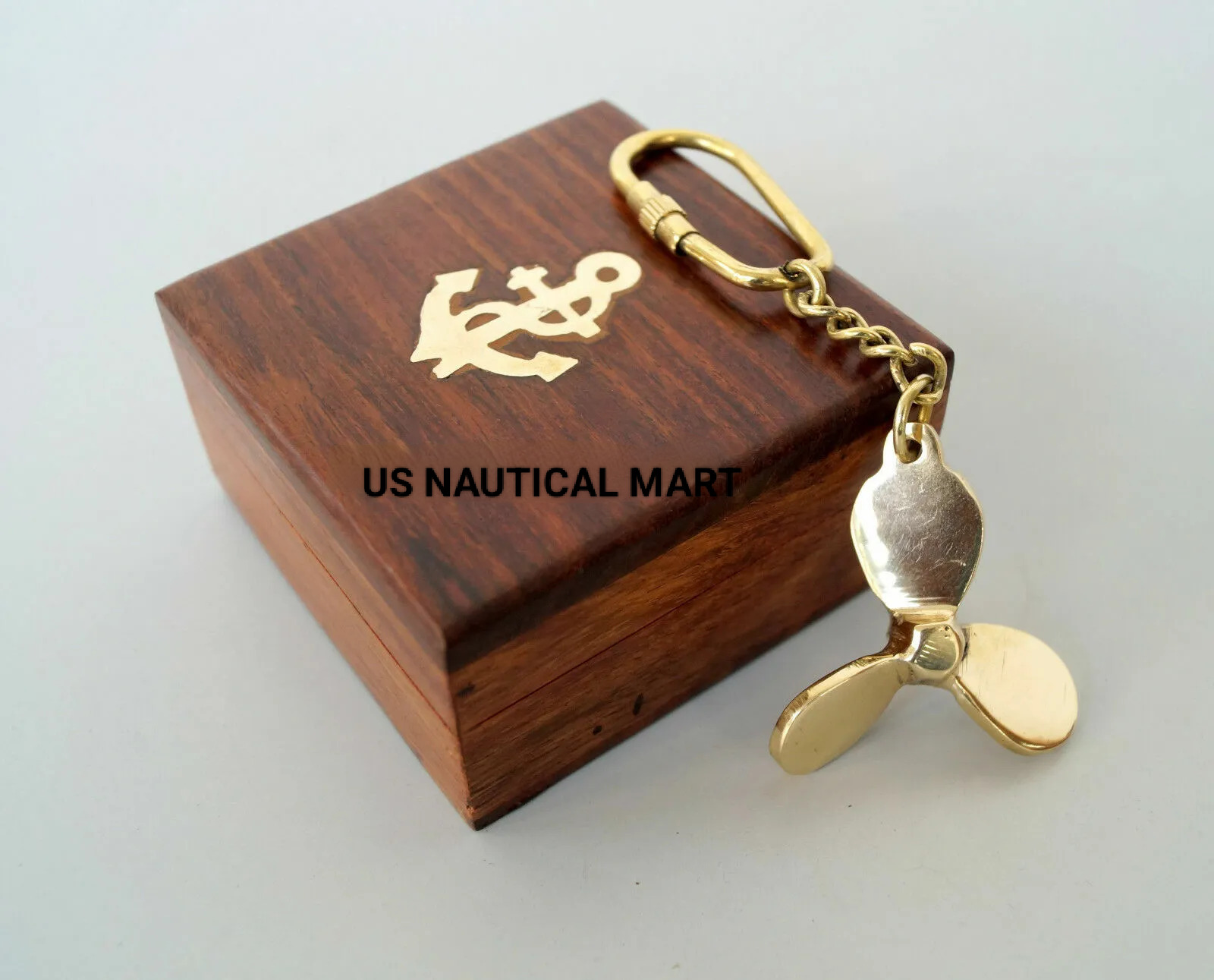 Set Of 22 Pieces Solid Brass Propeller Fan Key Chain With 14 Anchor Wooden Box