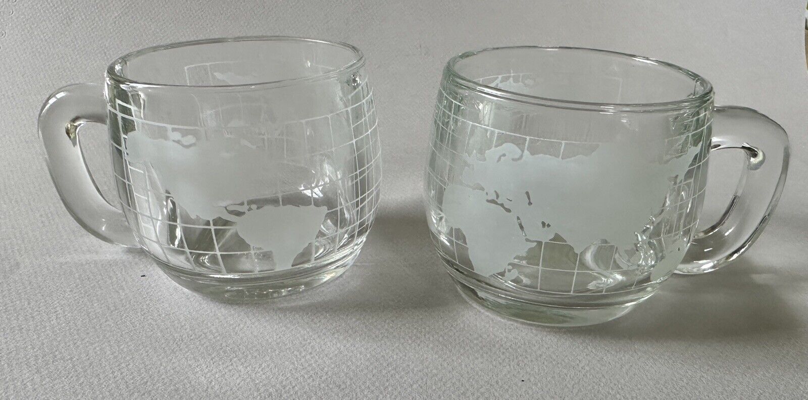 Vintage 2 NESTLE Etched Clear Glass World Globe Map COFFEE CUPS MUGS 