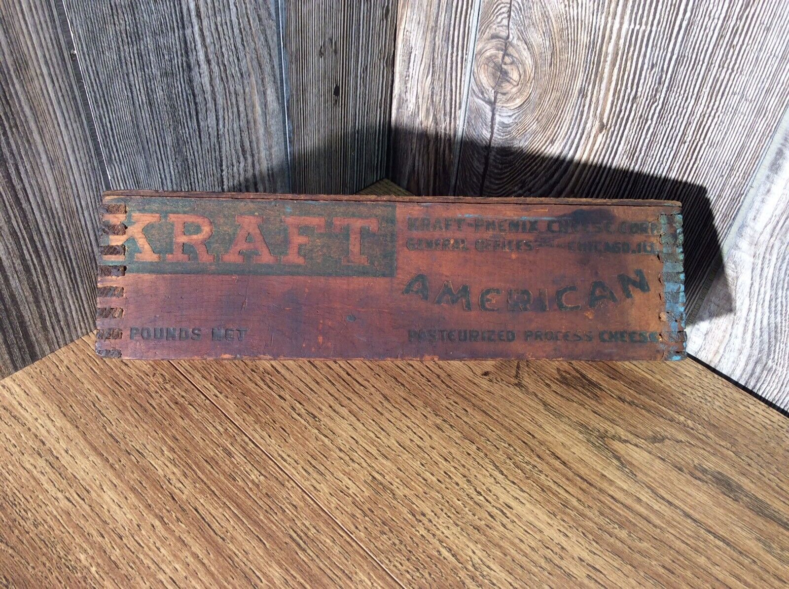 Antique Kraft Cheese Wood Box Finger Joints Advertising Wooden Crate Early L8