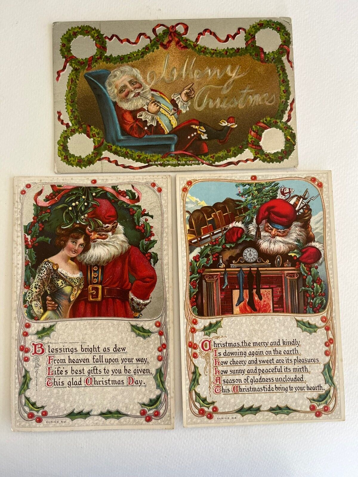c. 1914 SANTA CHRISTMAS  embossed postcard LOT of 3 antique vintage color UNUSED