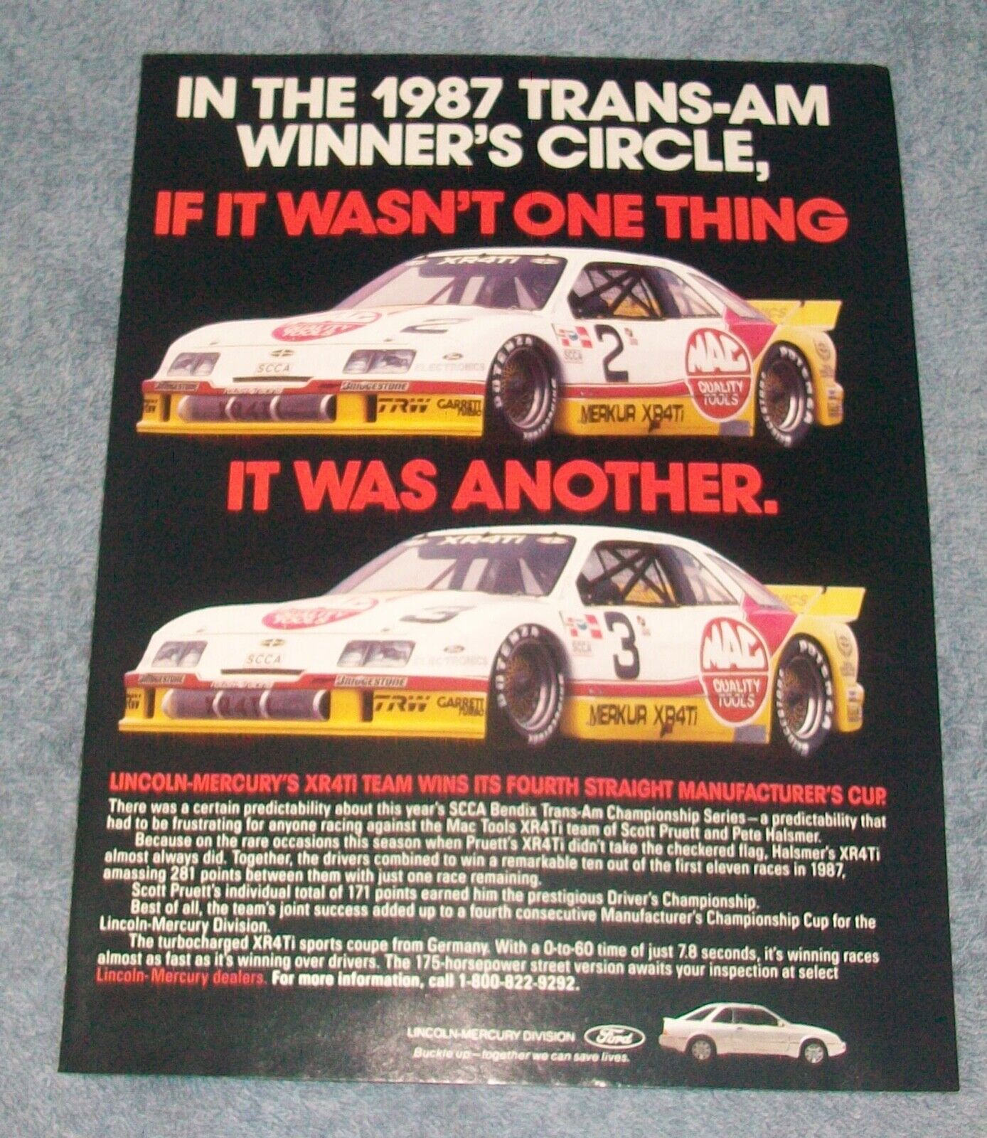 1988 Merkur XR4Ti Vintage Race Car Ad \