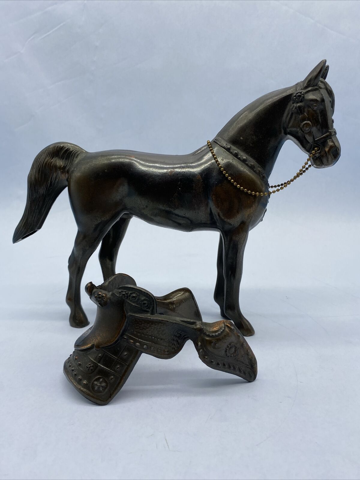 Vintage Brass Copper Metal Horse Figurine Sculpture 8” Tall Removable Saddle ￼