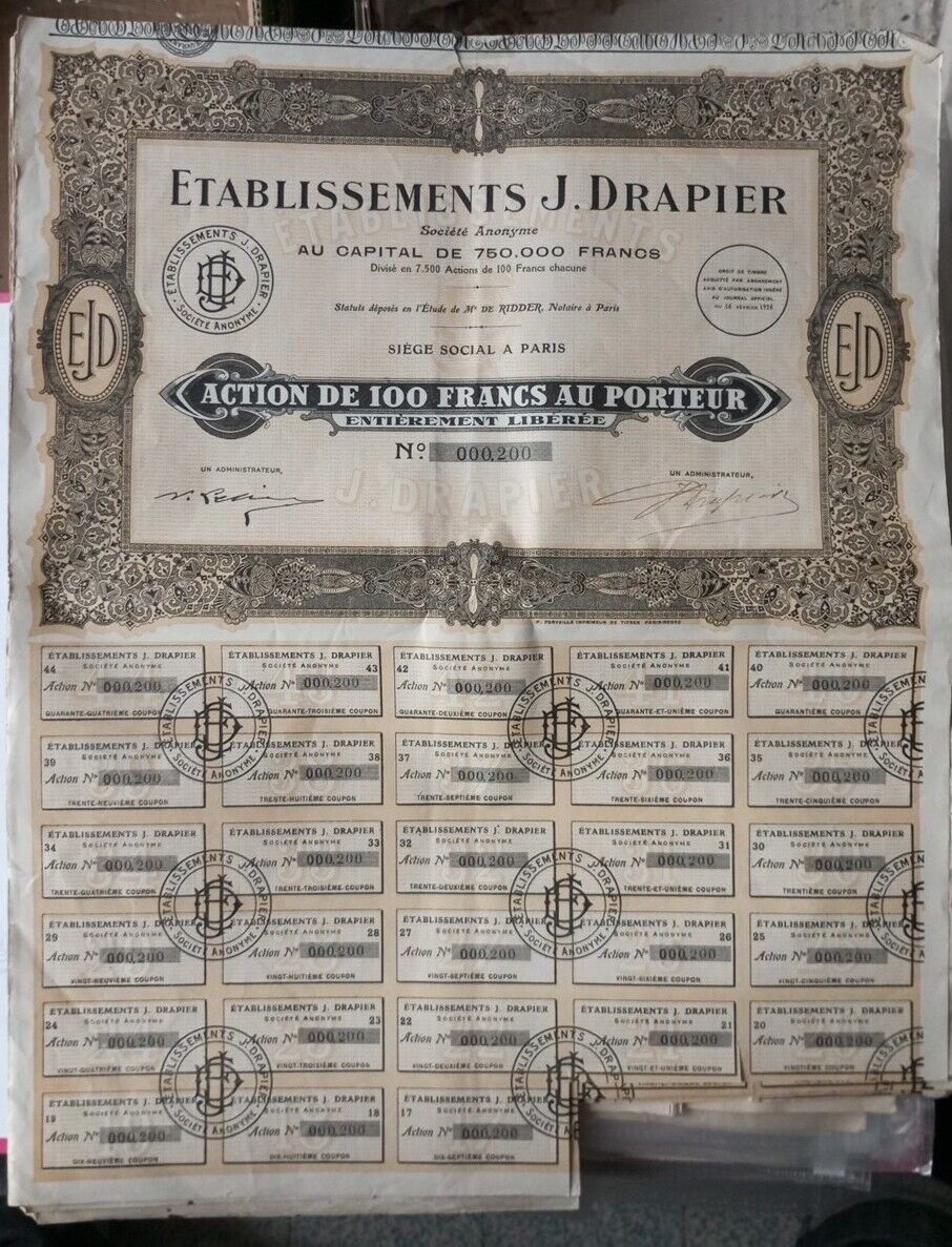 Lot of 24 shares of 100 francs at the bearer 1928 J. Drapier. Signed & numbered