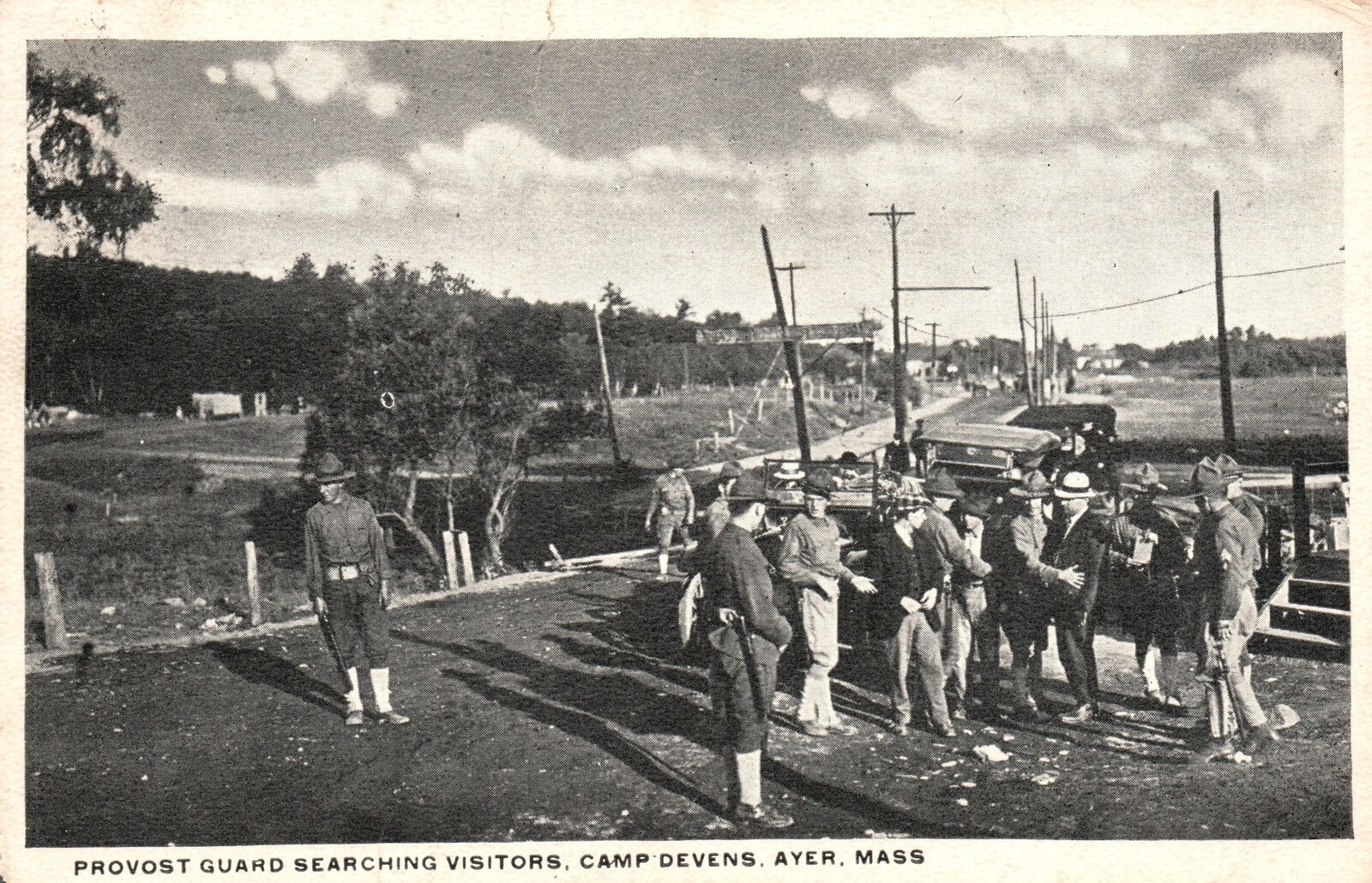 Vintage Postcard 1911 Provost Guard Searching Visitors Camp Devens Ayer Mass.