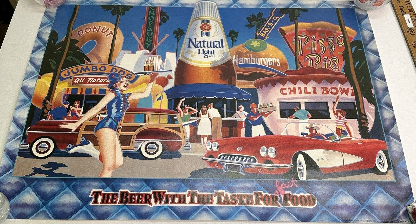Vintage 80s Natural light Beer Poster Carhop Corvette