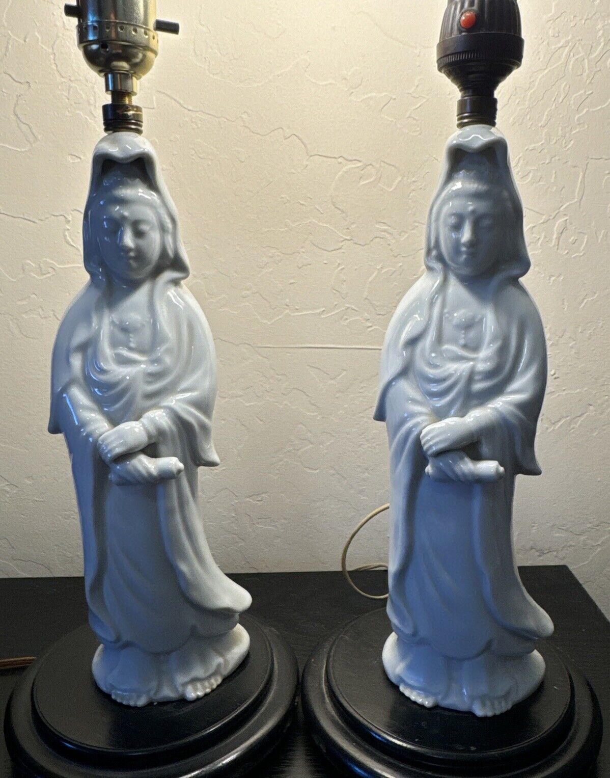 Ceramic Lamp Pair - 12 Inch On Wooden Base  Quan Yin Goddess Of Mercy  White