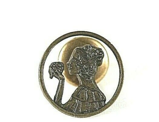 Vintage Circle Lapel Hat Pin Tie Tac With Lady Smelling Flowers Pinback
