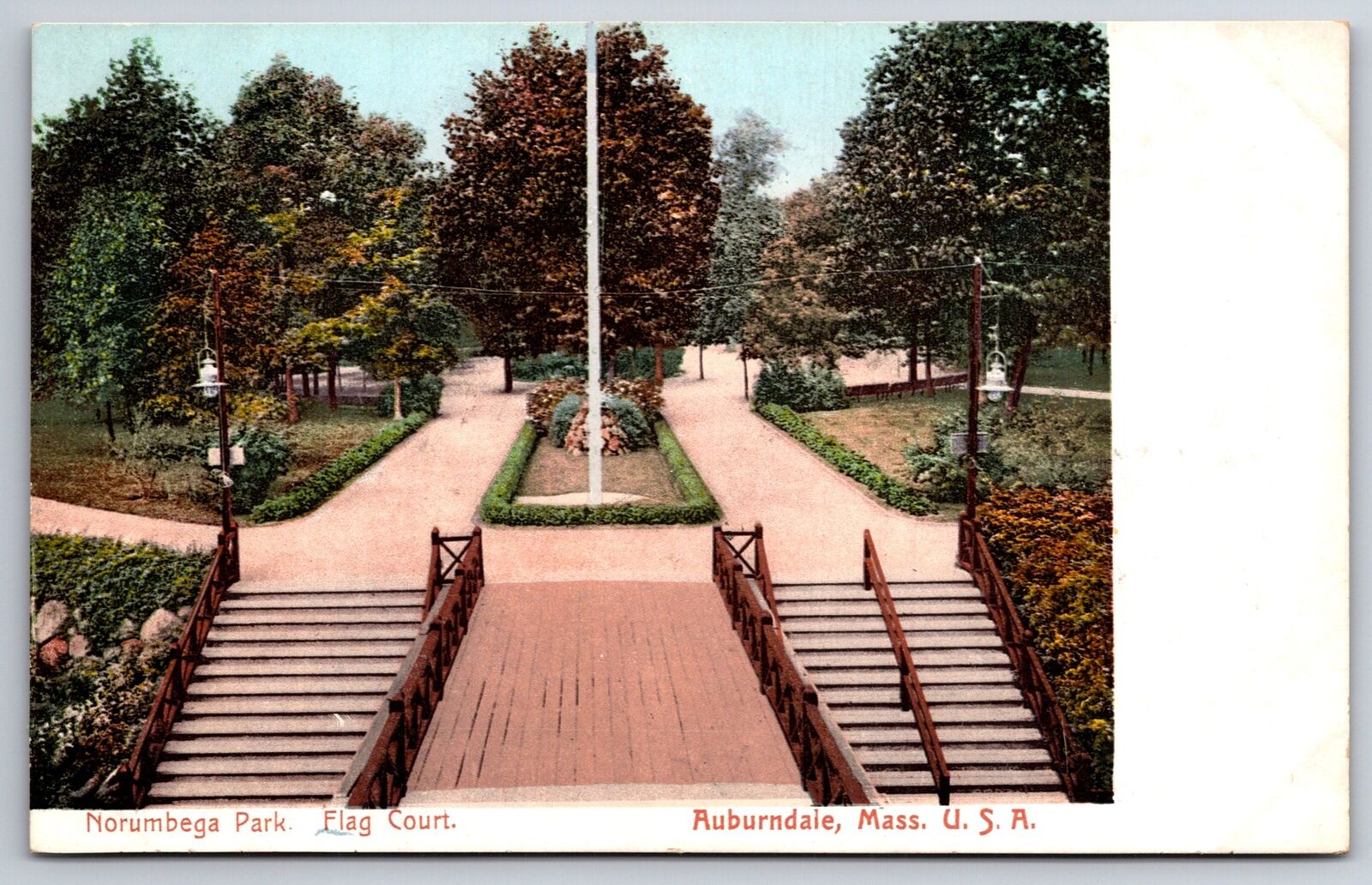 Auburndale Massachusetts~Flag Court Scene @ Norumbega Park~Vintage Postcard