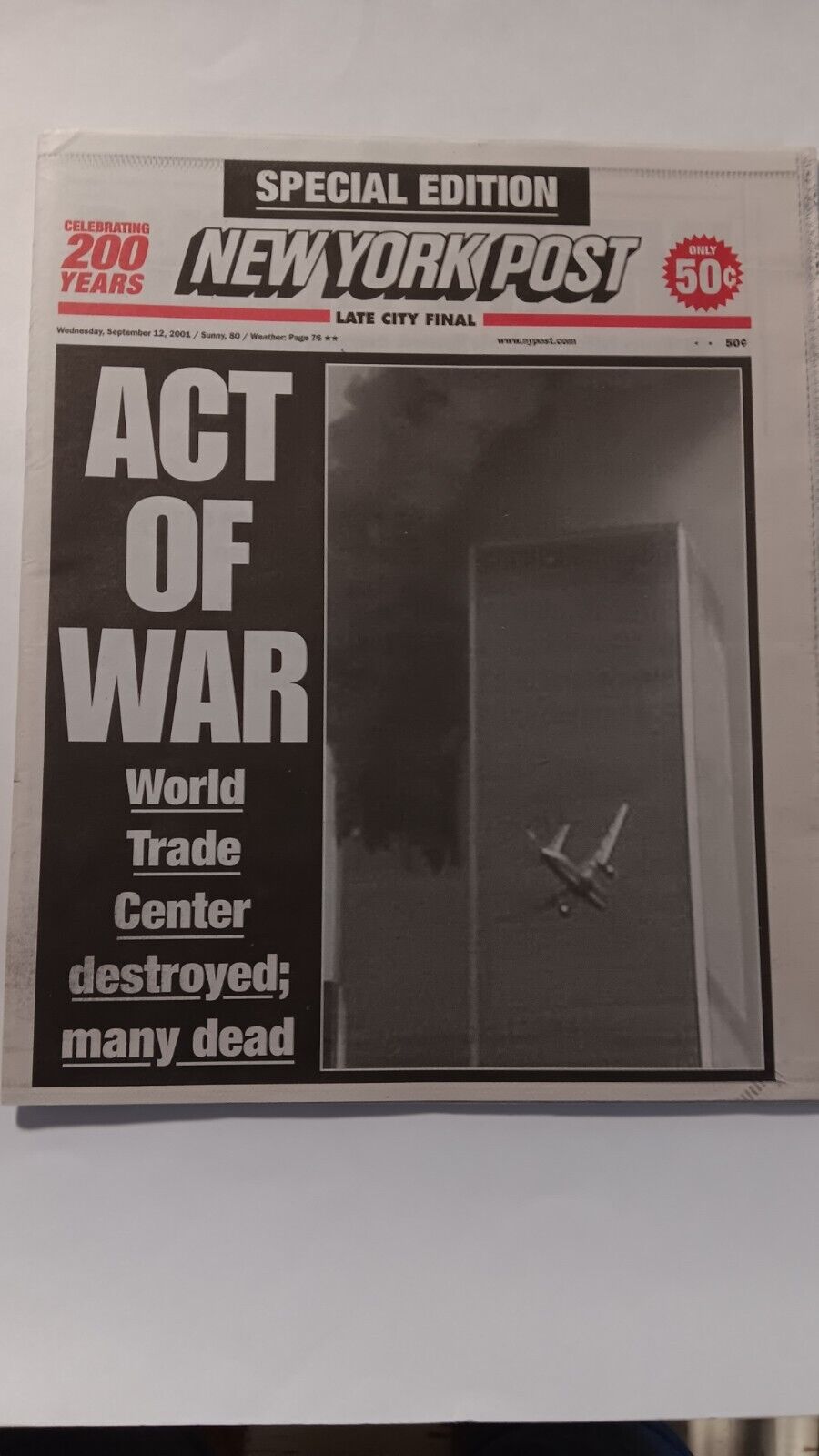 act of war world trade center destroyed special edition new york post 9/12/2001