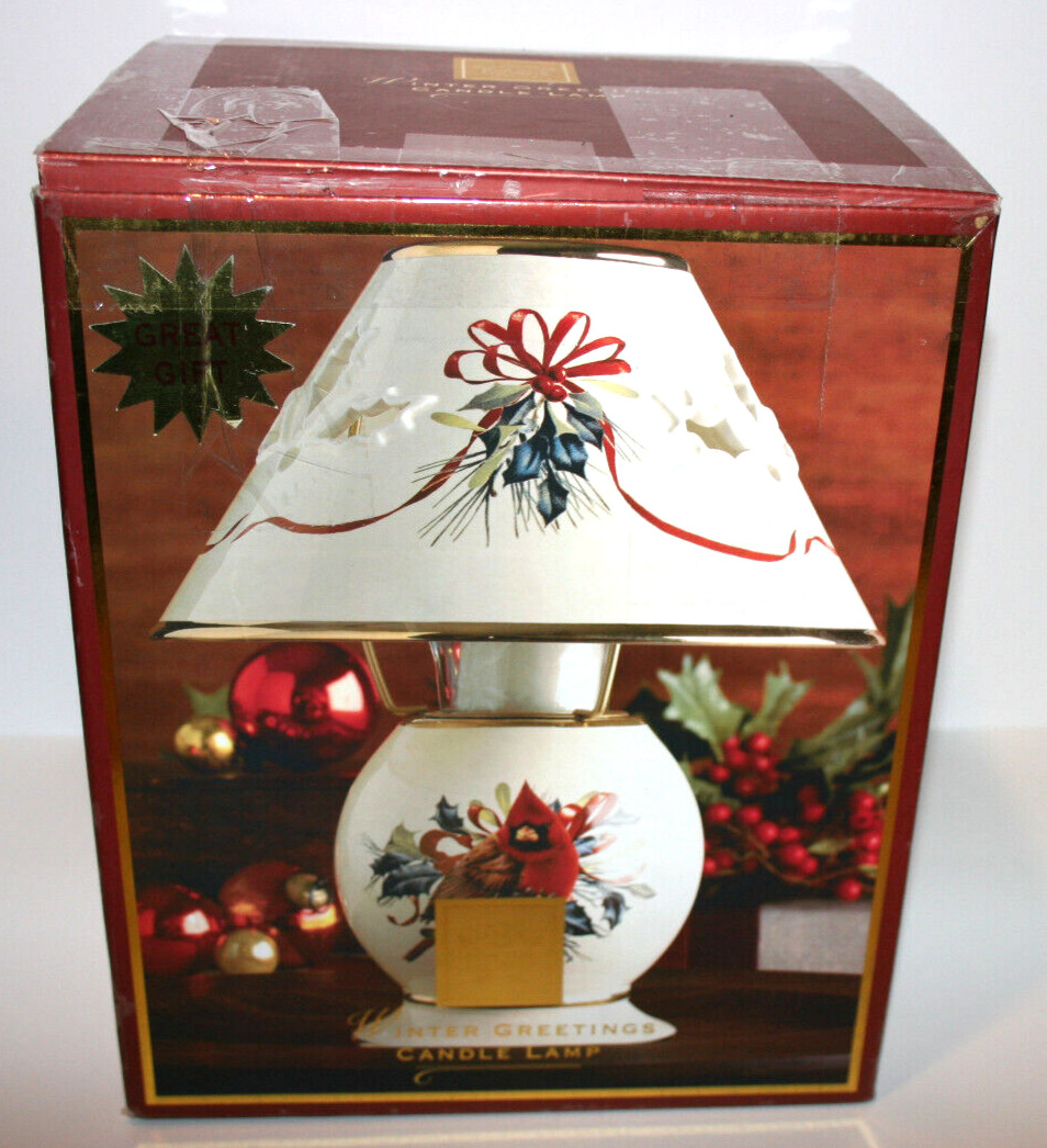 Lenox Winter Greetings Beige Candle Lamp Cardinal Bird NEW Open Box