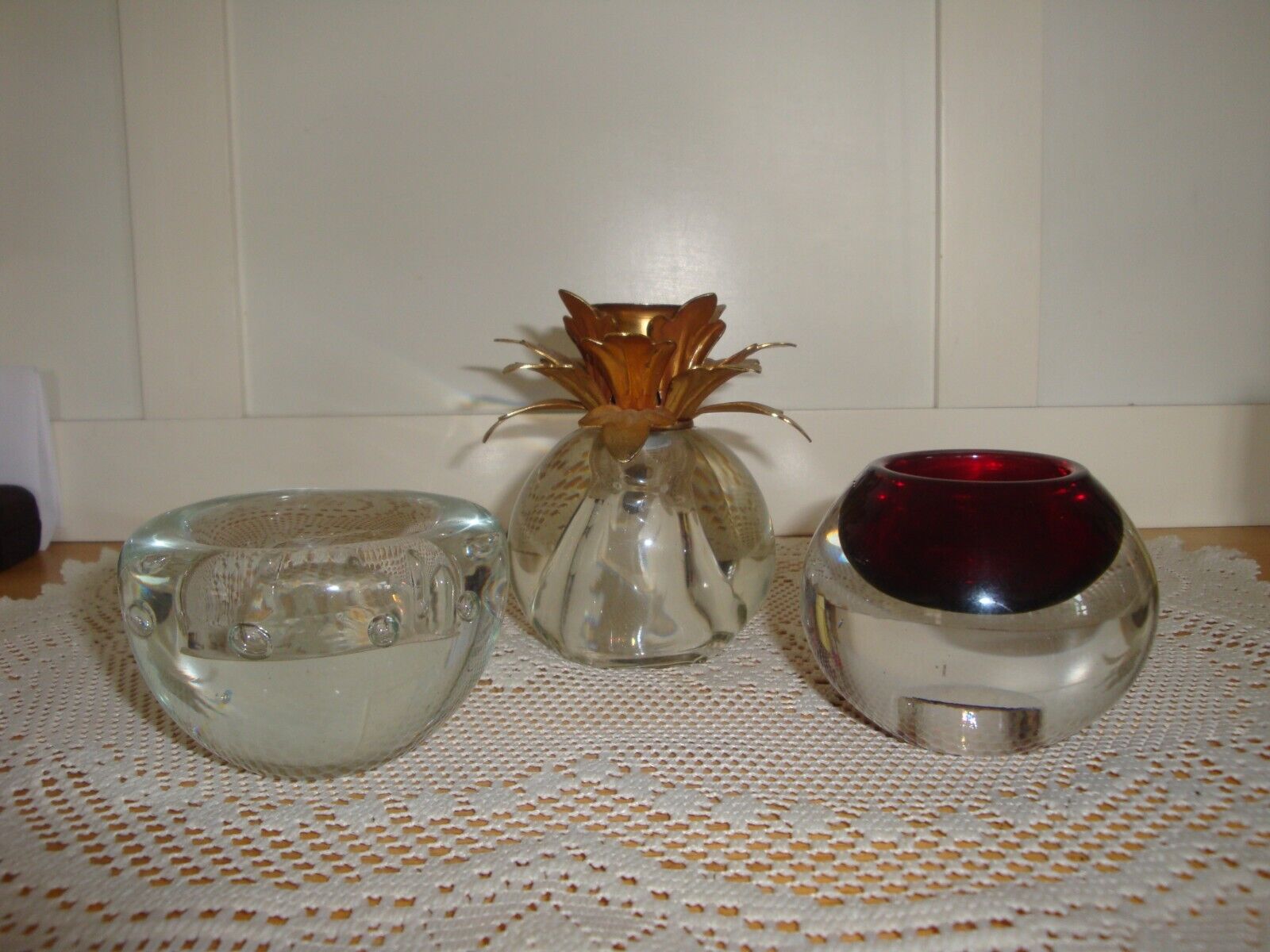 3 Vintage Glass Candle Holders-Taper and tea light candles--(S+D)