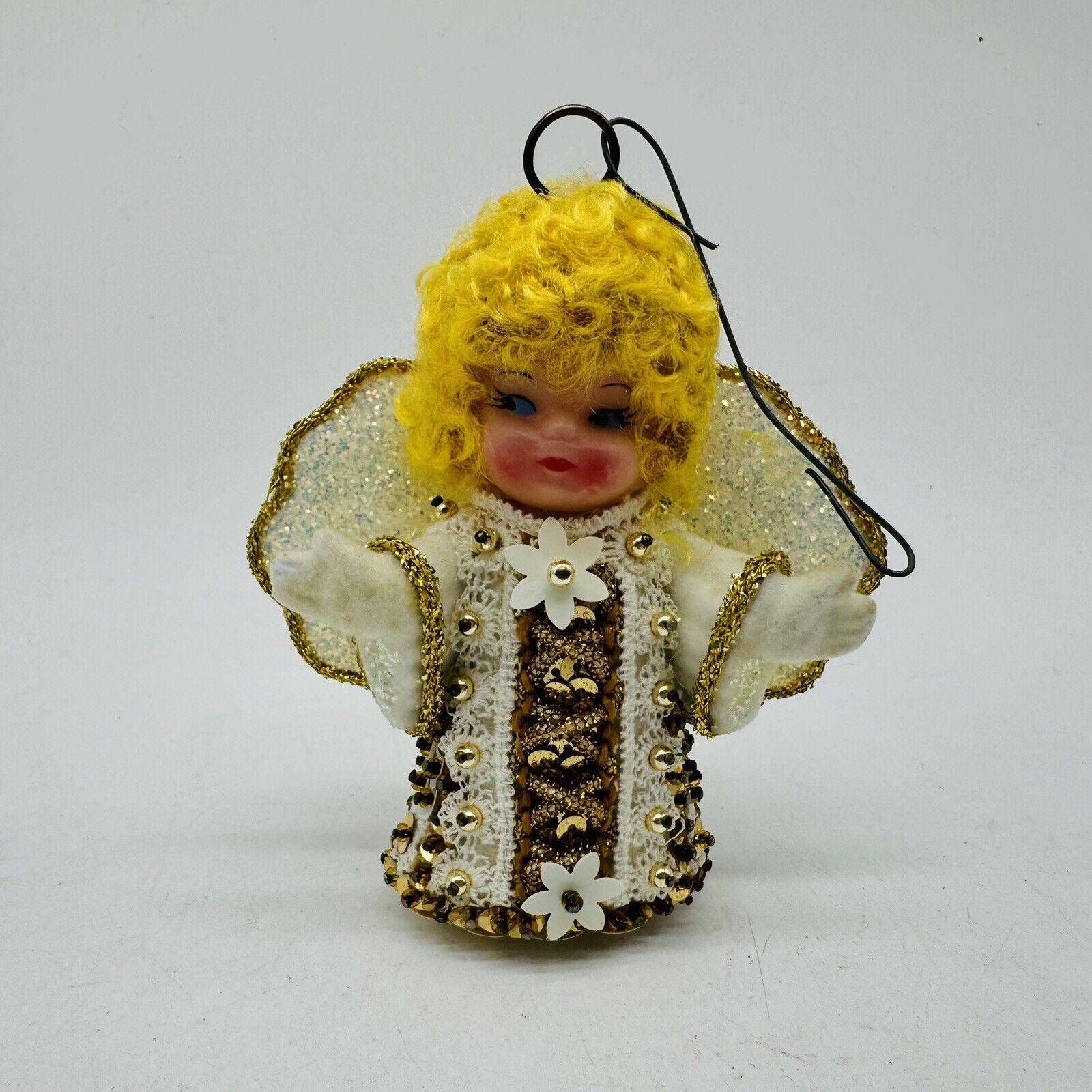Vintage Handmade Ornate Sequened Angel Hanging Christmas Ornament