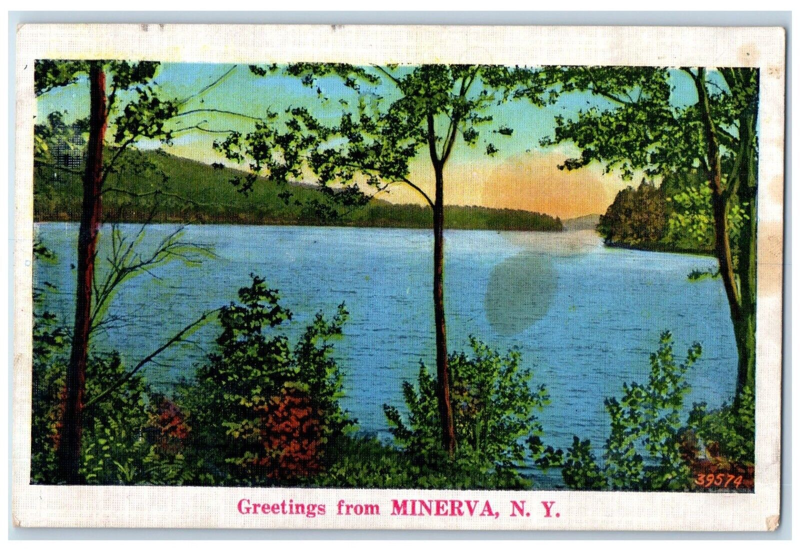 c1920 Greetings From Minerva River Lake Mountain Trees New York Vintage Postcard