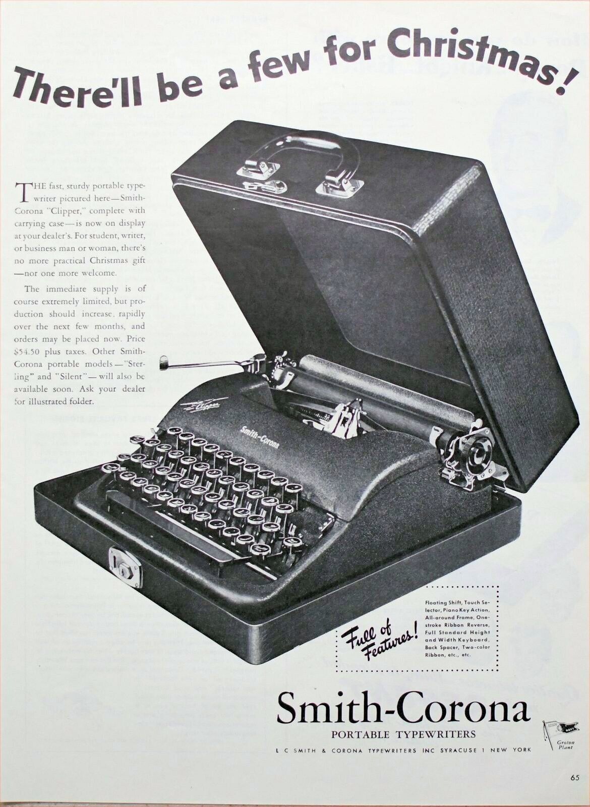 1945 Vintage Magazine Page Ad Smith-Corona Portable Typewriters