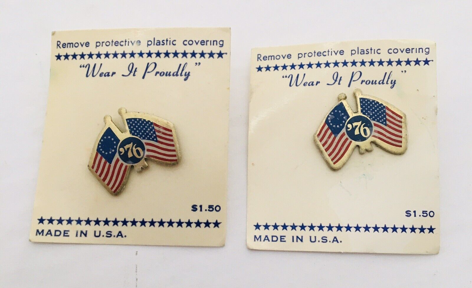 Vtg Patriotic (Lot of 2) TWO FLAGS PINBACK PIN 1976 BICENTENNIAL BUTTON JULY 4TH