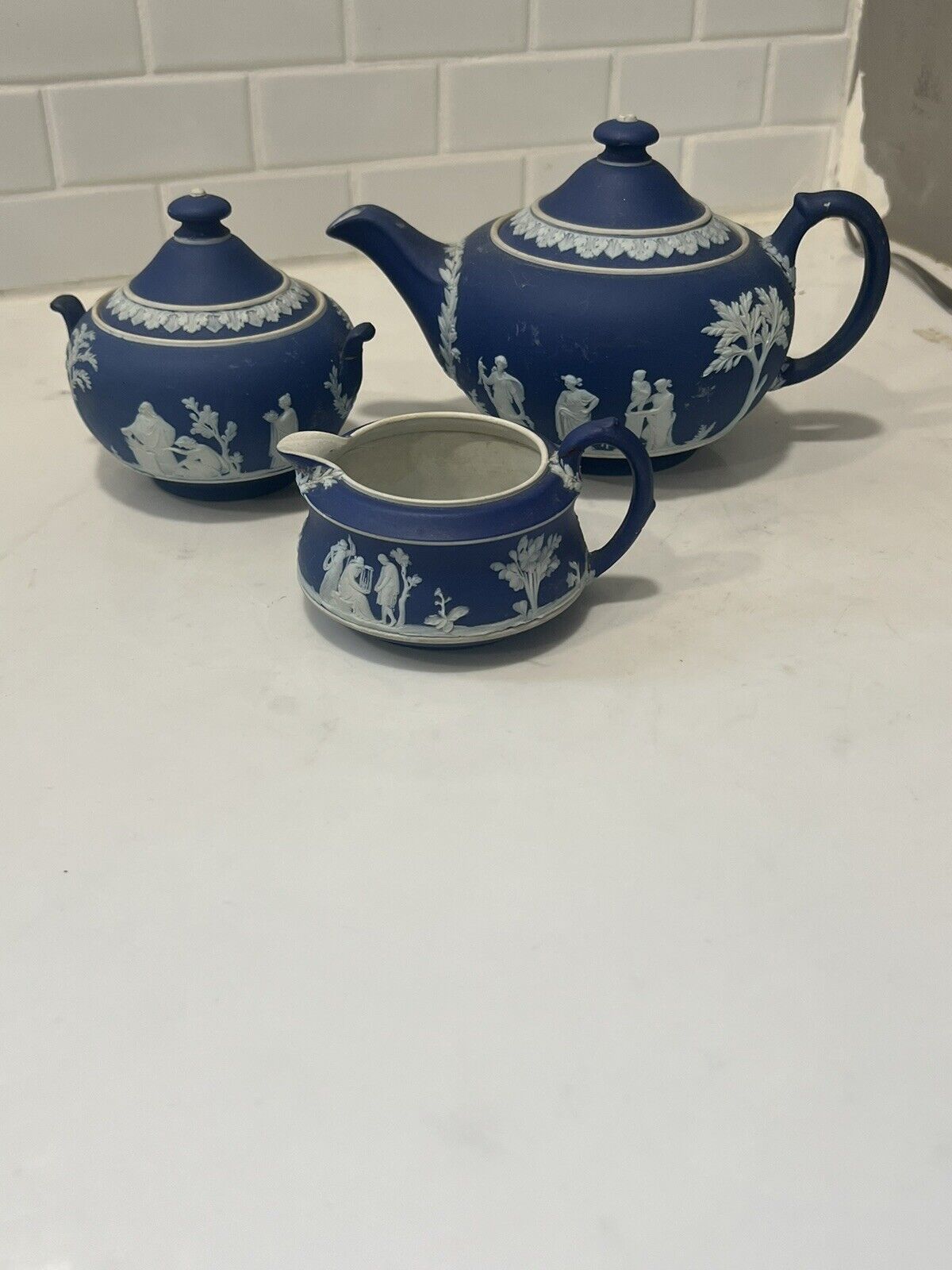 Vintage Antique Wedgwood Dark Blue Jasperware Teapot Creamer Sugar Set READ