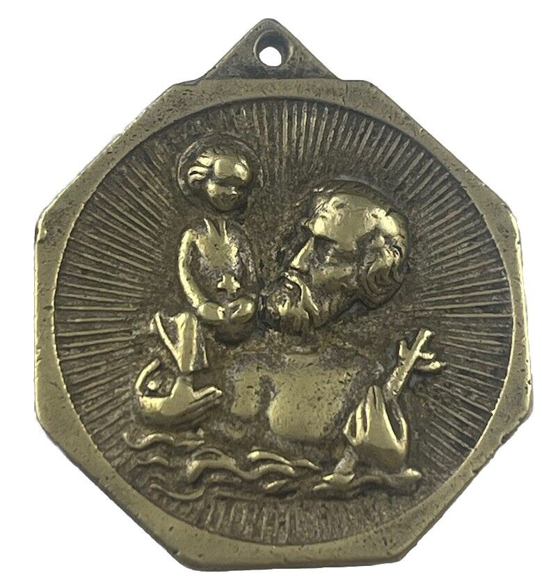 Vintage Catholic St Christopher  Gold  Tone Religious Medal