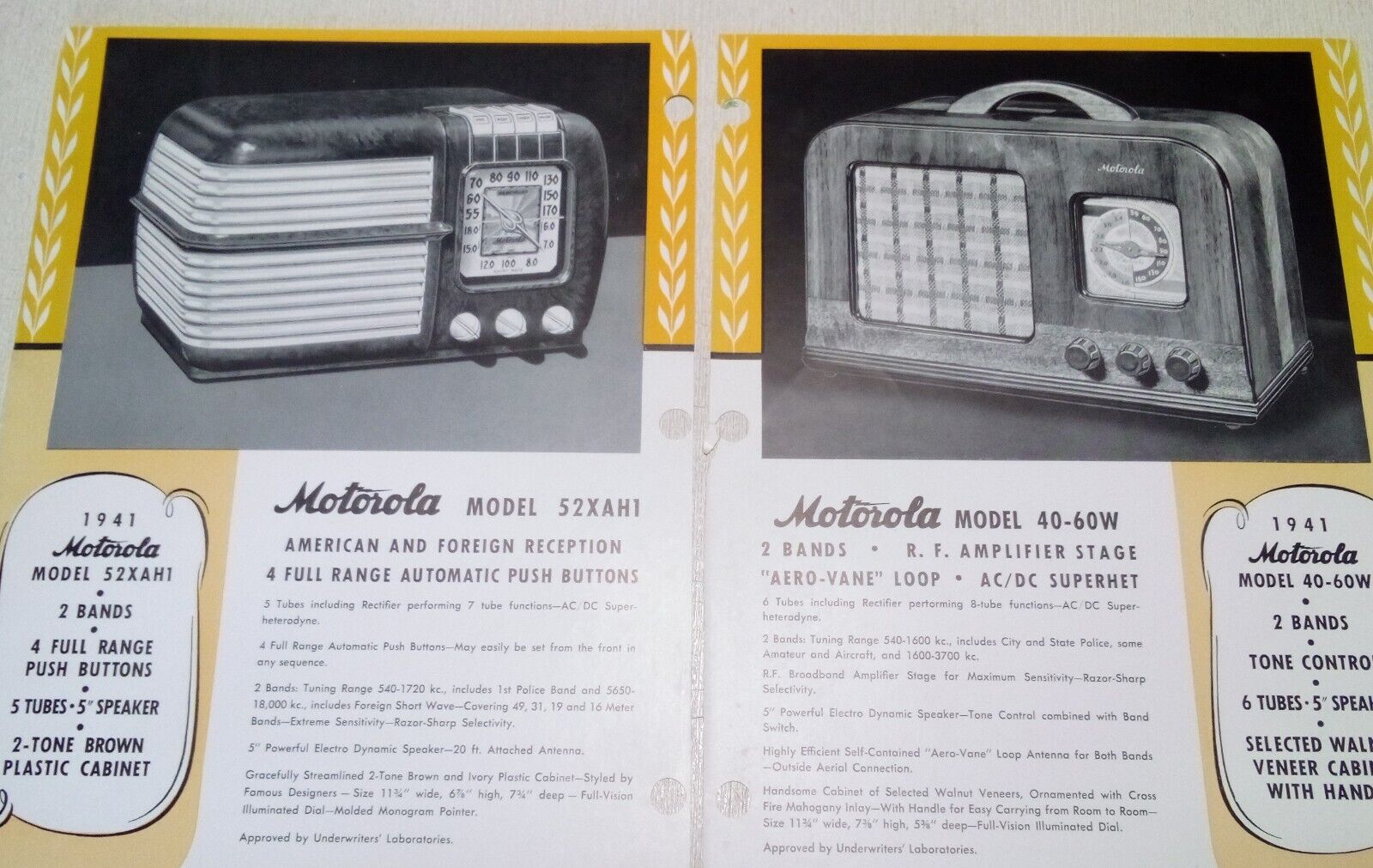 RARE 1941 Original Motorola Salesman Lot Tube Radio Catalog Fliers - 10 Models