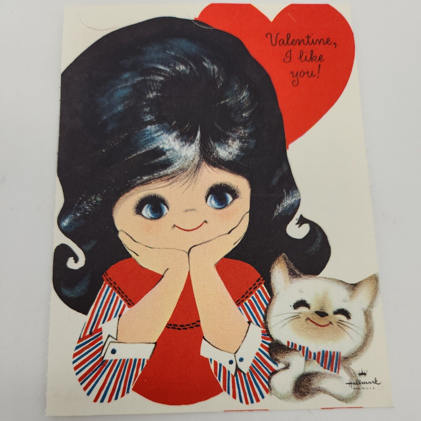 Vintage Hallmark 1960s Girls Valentines Day Card Brunette Andromorphic Kitty NOS