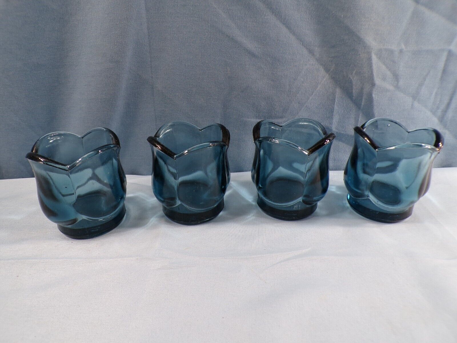 Lot of 4 Blue Glass Tulip Shaped Votive Candle Holders