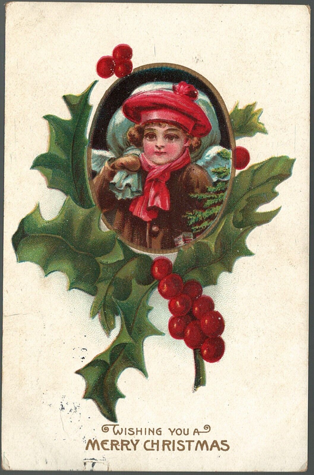 Postcard Merry Christmas Little Girl w/ Bag Portrait Surrounded By Holly 1908
