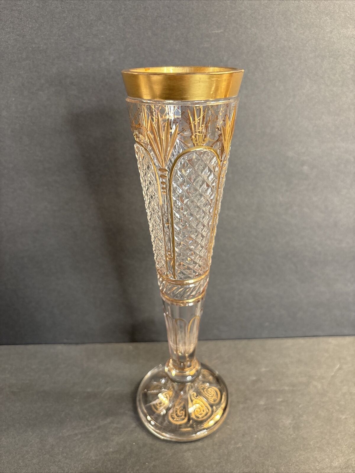Antique Glass Vase/Diamond Cuts/Gold Enameled/St.Louis/France C.1900/Flute Shape