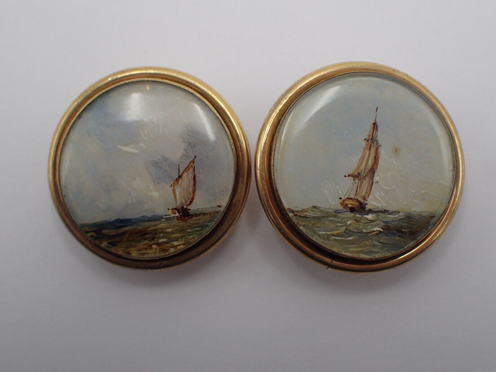 pair of buttons, miniature marine painting under glass, very rare
