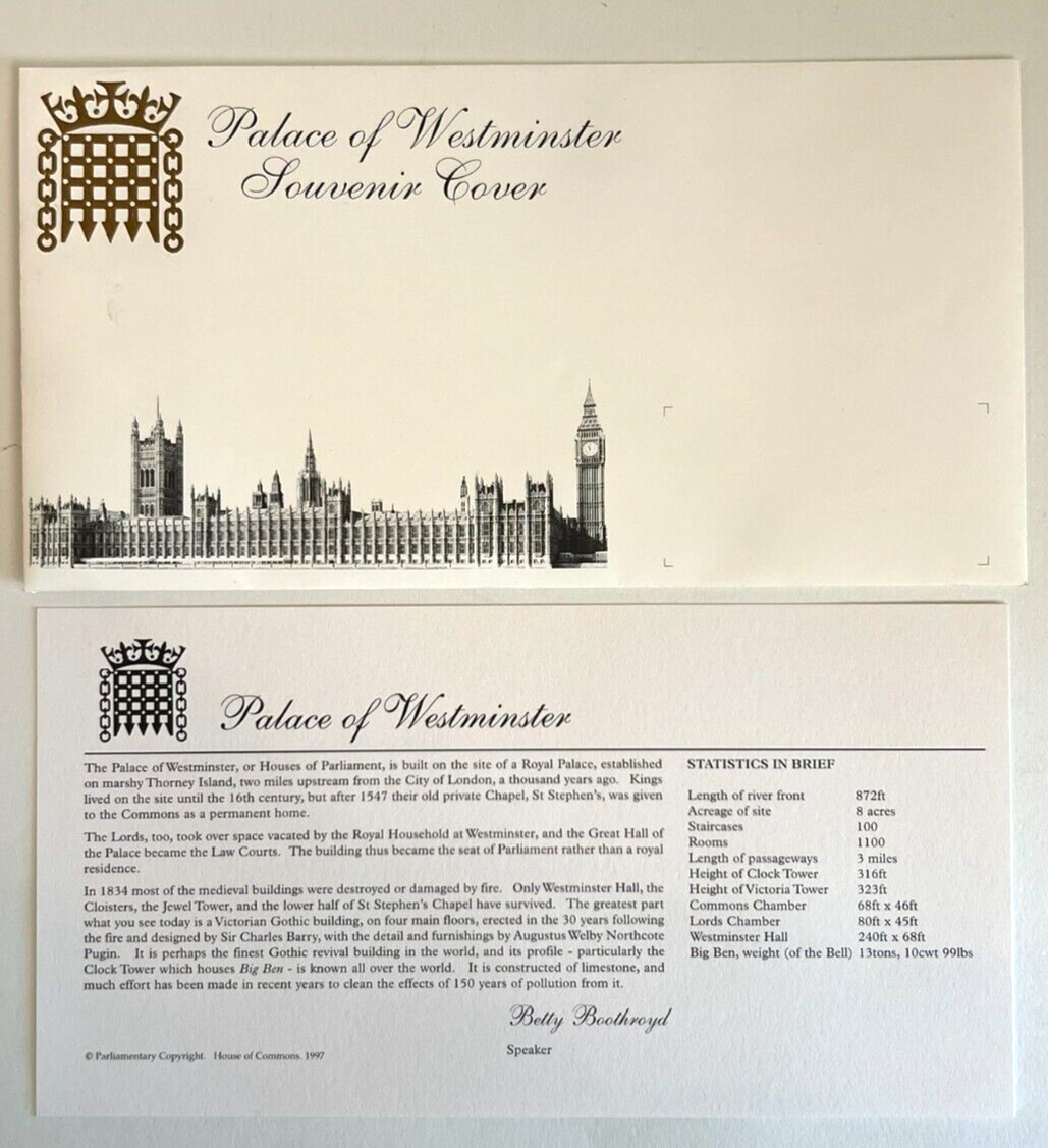 NEW PALACE OF WESTMINSTER SOUVENIR COVER 1997 Collectors Item London England